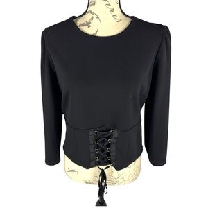 Express Womens Black Leg Of Mutton Sleeve Top With Criss Cross Tie